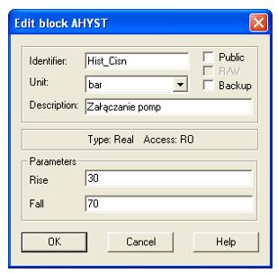 Parametryzacja bloku obejmuje podanie: górnego ograniczenia sygnału wejściowego (Rise), dolnego ograniczenia sygnału wyjściowego (Fall).