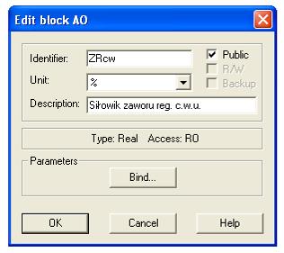 sygnał do elementu wykonawczego siłownika). Dla przeprowadzenia symulacji wymagana jest parametryzacja bloku (Bind ). Określane są: 1.