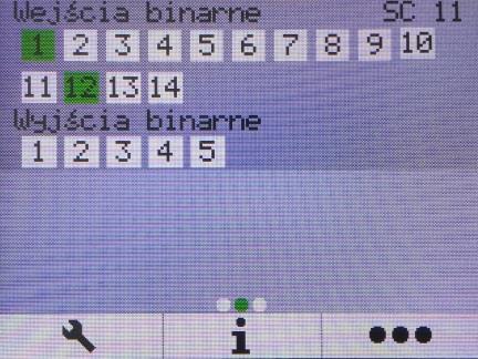 Na górnej jego części wyświetlany jest status wejść i wyjść binarnych urządzenia SC11, natomiast na dolnej stan wejść i wyjść binarnych urządzenia SB11.