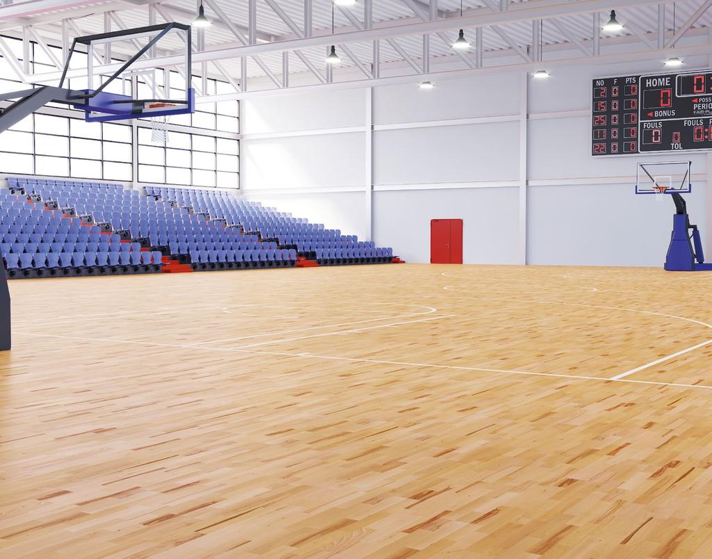 HALA SPORTOWA Dużą elastyczność podłogi uzyskuje się dzięki opracowanej przez dział R&D Barlinka, specjalnej konstrukcji opartej na legarach sklejkowych oraz podkładkach elastycznych.