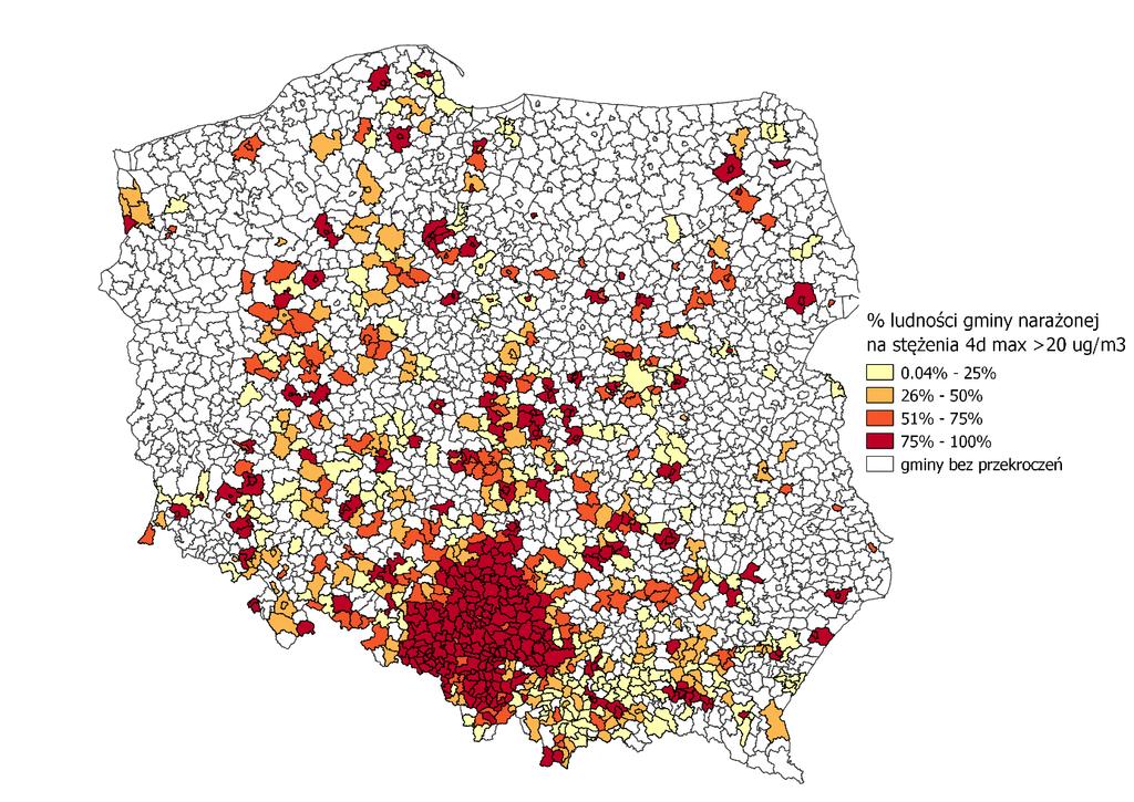 Ekspozycja populacji Polski na stężenia SO 2 przekraczające rekomendacje WHO Ekspozycja populacji Polski na dobowe stężenia dwutlenku siarki