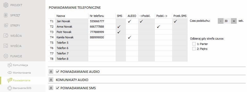 SATEL PERFECTA 39 Rys. 19. Zakładka Powiadamianie. Czas podsłuchu [86.Czas podsł.] czas, przez który można podsłuchiwać, co się dzieje w obiekcie.