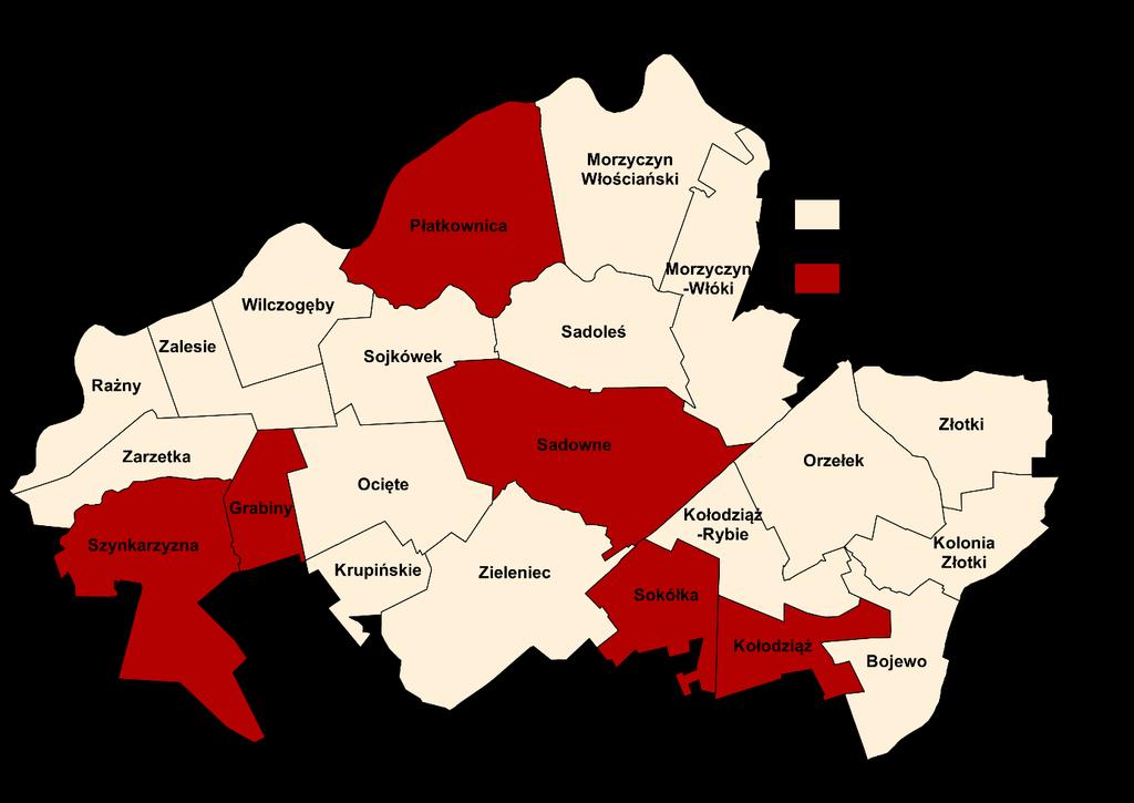 Rysunek 11. Odsetek lokali socjalnych wymagających podjęcia prac modernizacyjnych/ remontowych w poszczególnych sołectwach Gminy Sadowne stan na 31.12.2015 r.