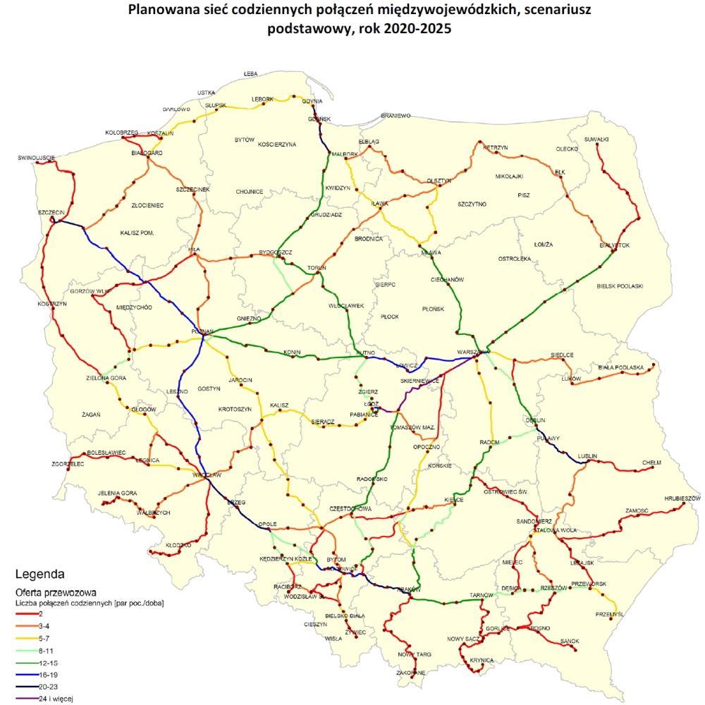 Kolejowe pasażerskie połączenia międzywojewódzkie w scenariuszu podstawowym przedstawiono na rysunku 11.