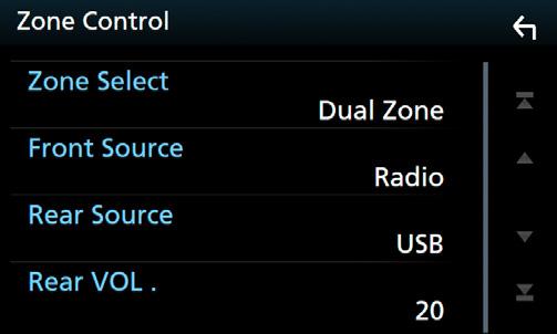 5 Dotknij [Dual Zone]. Gdy zmienione zostanie źródło dźwięku w tylnych głośnikach, źródło dźwięku wysyłane przez gniazdo AV OUTPUT zostanie również zmienione na takie same źródło.