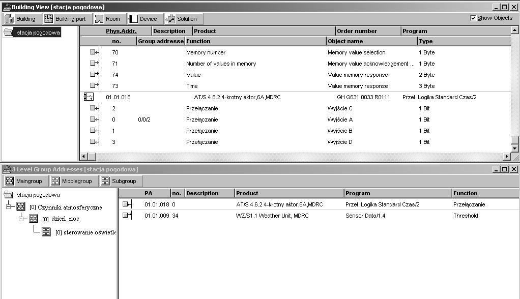 18 Wybrad obiekt komunikacyjny nr. 32 Day/Night stacji pogodowej WZ/S 1.1. Przenieśd kursorem myszy wybrany obiekt na podgrupę sterowanie oświetleniem. To samo wykonad dla obiektu komunikacyjnego nr.