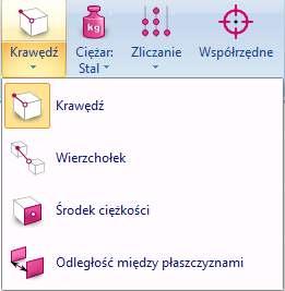 Opcja Krawędzie kryje kilka możliwości wymiarowania w tym: długość krawędzi, odległość pomiędzy