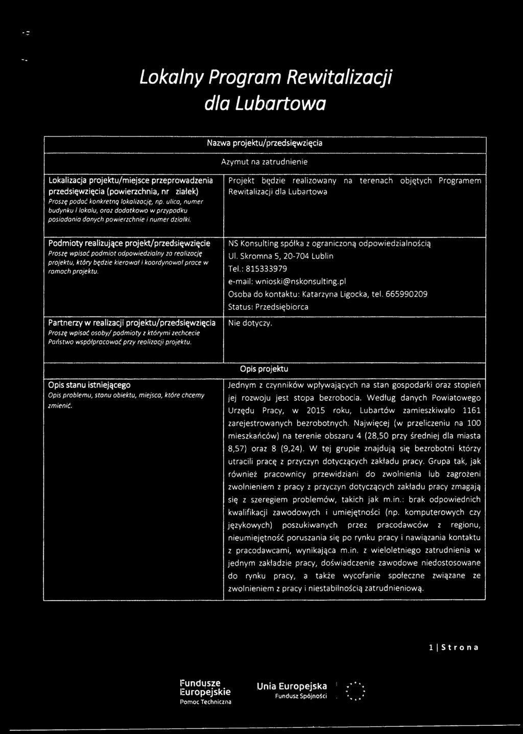 Projekt będzie realizowany na terenach objętych Programem Rewitalizacji dla Lubartowa Podmioty realizujące projekt/przedsięwzięcie Proszę wpisać podmiot odpowiedzialny za realizację projektu, który