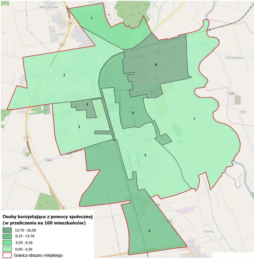Rysunek 2 Osoby korzystające z pomocy społecznej na terenie Lubartowa Źródło: opracowanie własne na podkładzie openstreetmap.org.