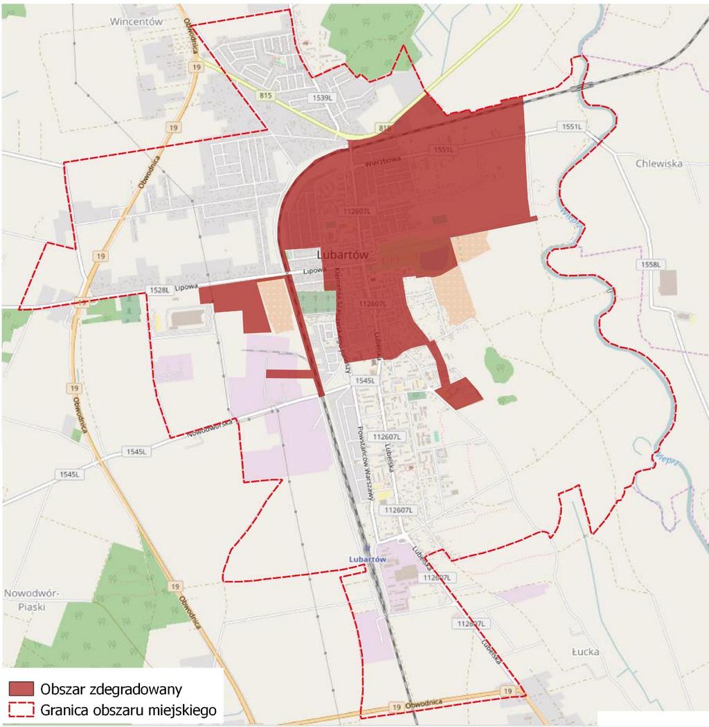 Rysunek 10 Obszar zdegradowany na terenie Lubartowa Źródło: opracowanie własne na podkładzie openstreetmap.org.