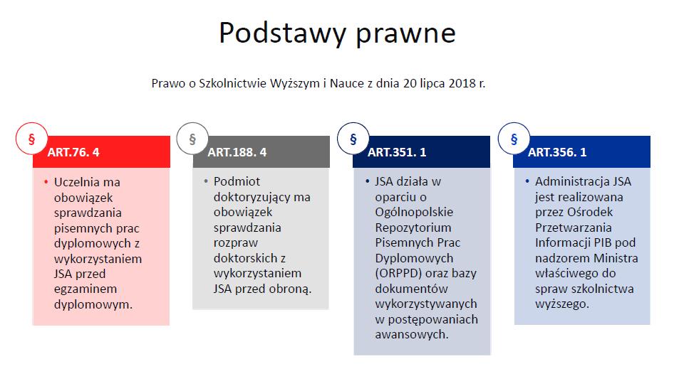 Jednolity System Antyplagiatowy podstawowe informacje Jednolity System Antyplagiatowy (JSA) to system wykorzystywany do sprawdzenia prac dyplomowych pod kątem plagiatu, przeznaczony do wsparcia pracy