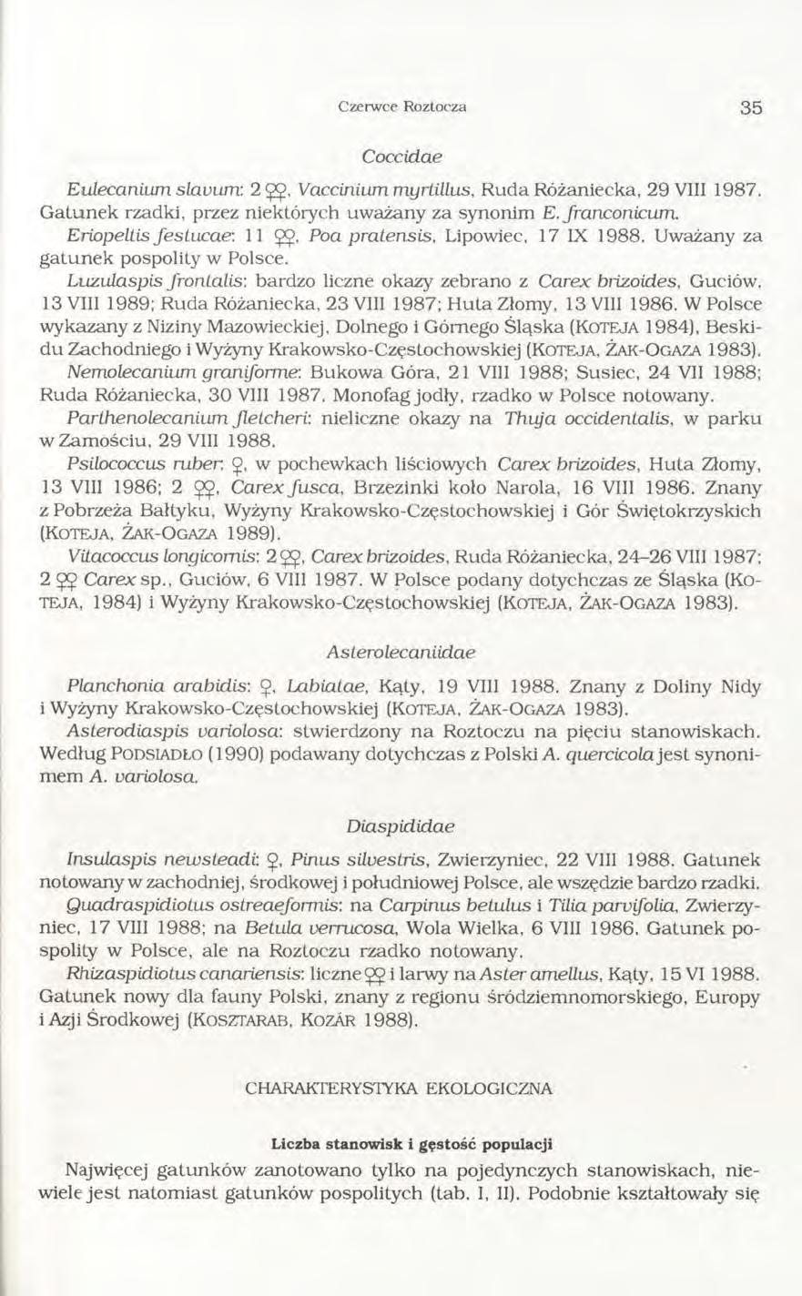 Czerwce Roztocza 3 5 Coccidae Eulecanium slauum: 2ęę, Vaccinium myrtillus, Ruda Różaniecka, 29 VIII 1987. G atunek rzadki, przez niektórych uważany za synonim E. Jranconicum.