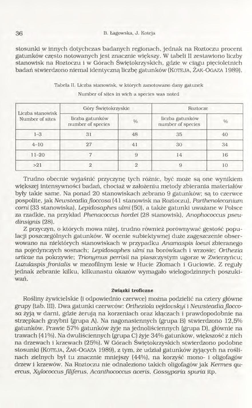 3 6 B. Łagowska, J. Koteja stosunki w innych dotychczas badanych regionach, jednak na Roztoczu procent gatunków często notowanych jest znacznie większy.