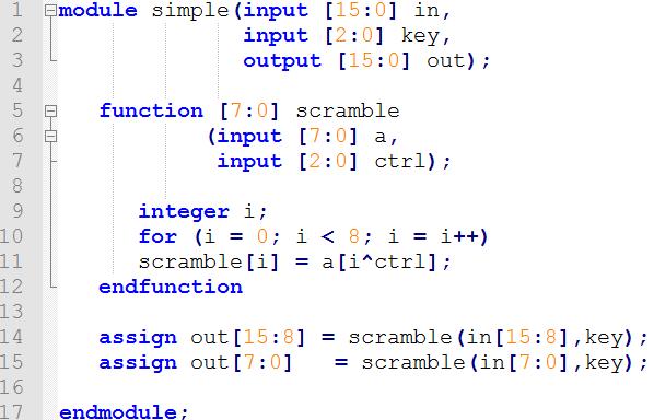Zastosowanie funkcji - przykład Funkcja realizuje zadanie szyfrowania, przestawiają kolejność 8-bitowego słowa wejściowego, Wykorzystując operację selekcji bitowej