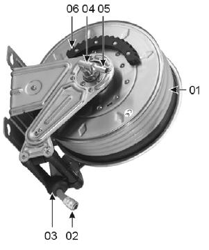 Użytkowanie zgodnie z przeznaczeniem Bęben nawijający z przewodem jest urządzeniem służącym do automatycznego nawijania nań przewodu ciśnieniowego (poz. 01).
