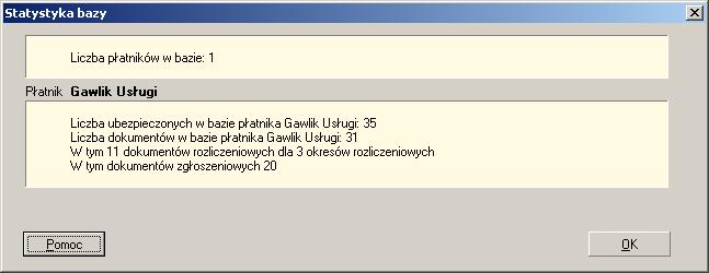 5.5.4 Statystyka bazy Funkcja służy do tworzenia statystyki bazy. Podczas jej wykonywania sprawdzana jest liczba płatników w bazie danych oraz liczba ubezpieczonych i dokumentów dla każdego płatnika.