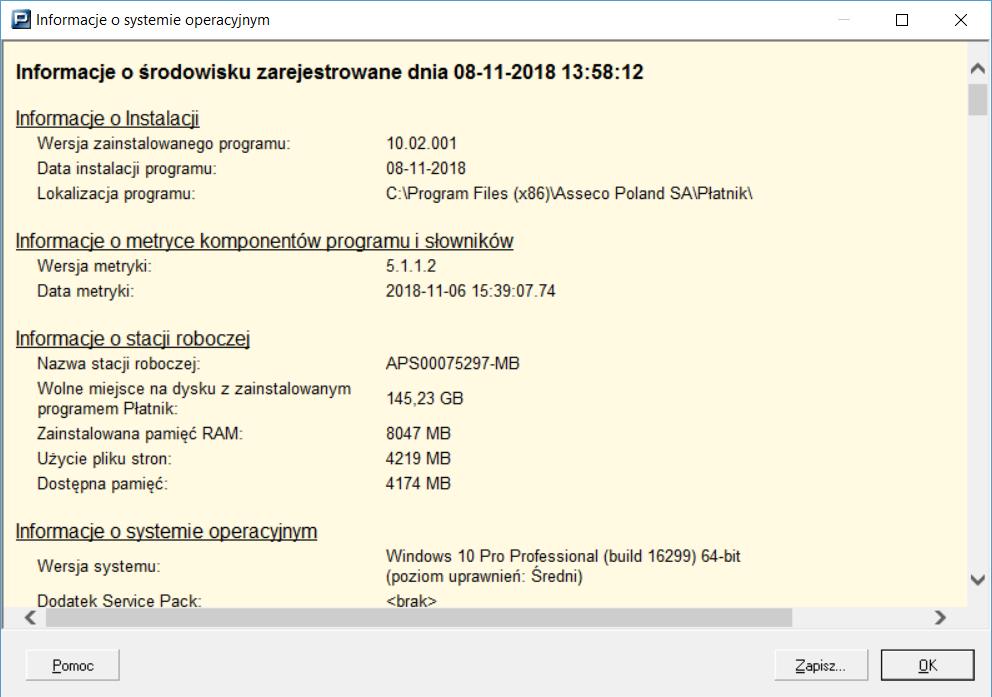 4.4 Stan systemu Funkcja pozwala na wyświetlenie informacji o środowisku, w jakim pracuje program PŁATNIK.