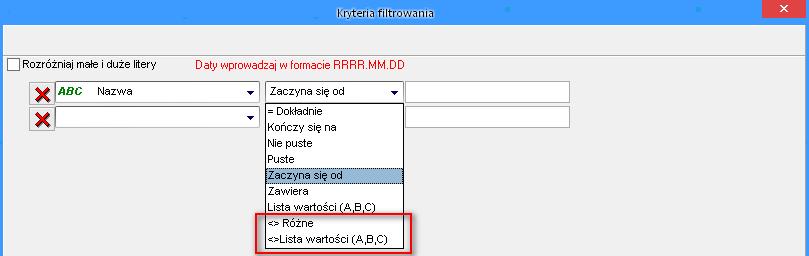 Wyszukiwanie zaawansowane: operator <> (różne od) Wprowadzono zmianę pozwalającą na wyszukiwanie danych w oparciu o operator różne.