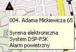 Po najechaniu wskaźnikiem myszy na syrenę (na mapie) wyświetli się "chmurka" ze skróconą informacją o tej syrenie.