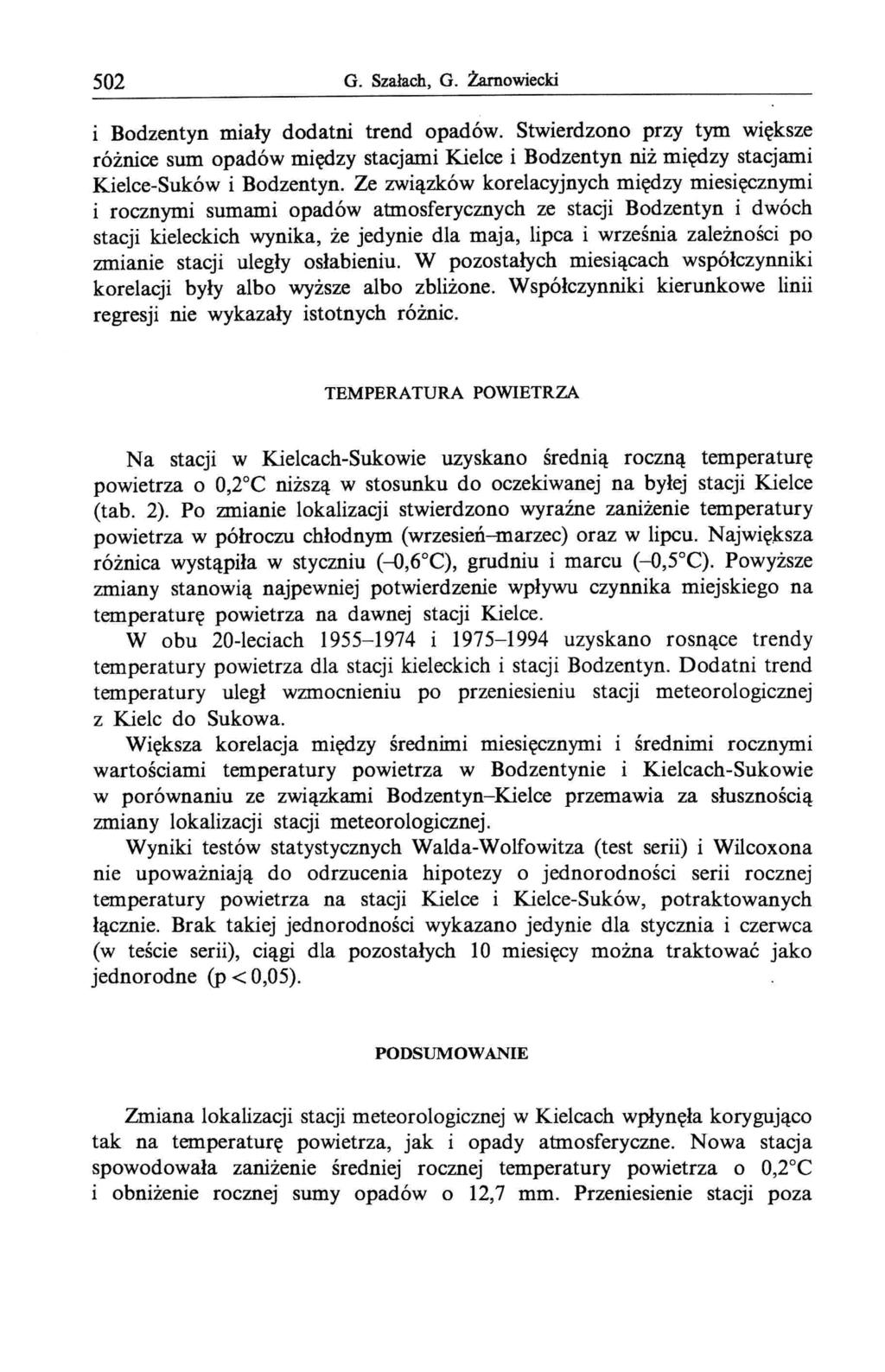 502 G. Szałach, G. żarnowiecki i Bodzentyn miały dodatni trend opadów. Stwierdzono przy tym większe różnice sum opadów między stacjami Kielce i Bodzentyn niż między stacjami Kielce-Suków i Bodzentyn.
