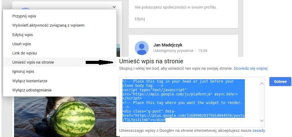Zastrzeżonych dla domeny Google Apps Prywatnych Typu Event post Typu Hangout on Air Poniższy obrazek przedstawia, jak uzyskać kod potrzebny do osadzenia wpisu na tworzonej stronie. Zad.1.