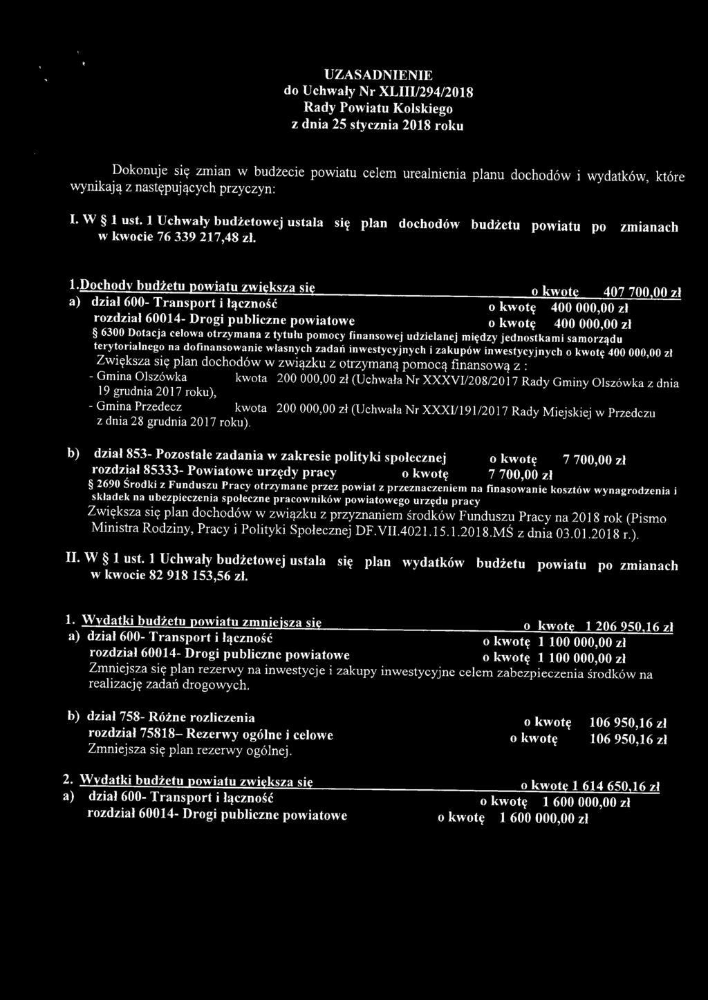 dhdy budżetu pwiatu zwiększa się kwtę 407 7, zł a) dział 6- Transprt i łąznść kwtę 40, zł rzdział 614- Drgi publizne pwiatwe kwtę 40, zł 63 Dtaja elwa trzymana z tytułu pmy finanswej udzielanej