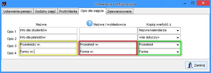 Konfiguracja Dla potrzeb planowania zajęć równoległych należy wykonać konfiguracje opisaną w tym rozdziale. Okno ustawienia W oknie Ustawienia konfiguracyjne ustawić wartości jak na rysunku poniżej.