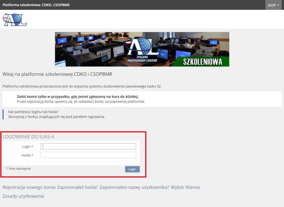 PLATFORMA SZKOLENIOWA. Ilias.akademia.mil.pl WAŻNE! Platformy ogólnodostępna i szkoleniowa nie posiadają wspólnej bazy danych.