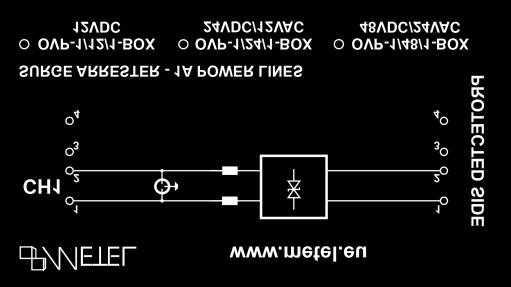 Podłączenie OVP-1/x/1- CH1 - Kanał 1, do zacisków 1 i 2, gdzie możliwe jest przepięcie, podłącz napięcie zasilania. Chronione urządzenie podłącz do zacisków 1 i 2 na wyjściu PROTECTED SIDE.