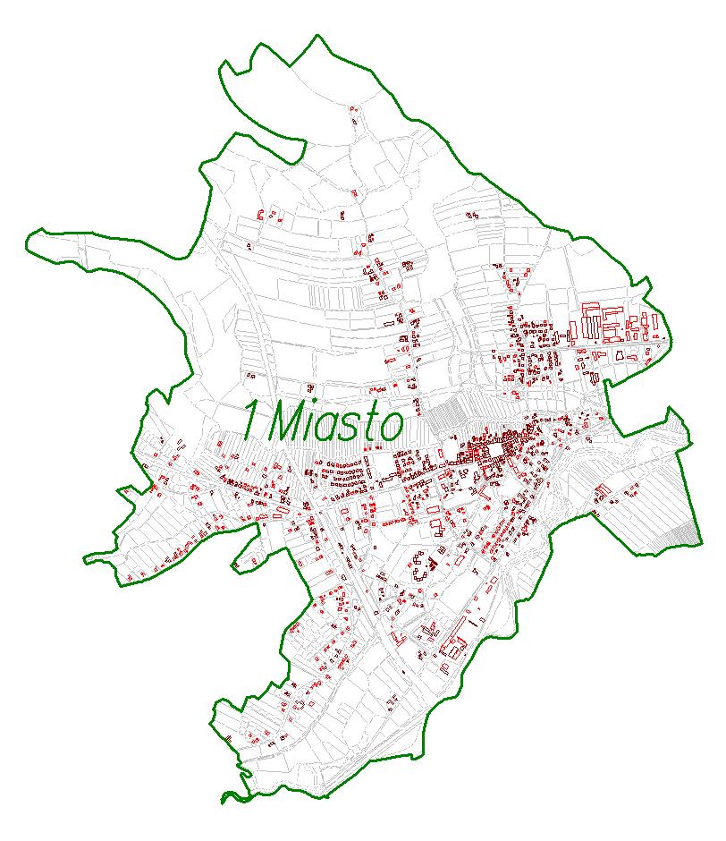 Rys.1 Poglądowa mapa ewidencyjna jednostka ewidencyjna Strumień Miasto W 2014 roku na podstawie danych z operatów technicznych oraz wektoryzacji rastrów mapy zasadniczej w skali 1:500 założono
