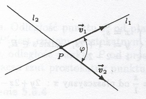 Fakt (wzór do obliczania kąta między prostymi) Kąt między prostymi l1, l 2 o wektorach kierunkowych v1 i v 2 odpowiednio