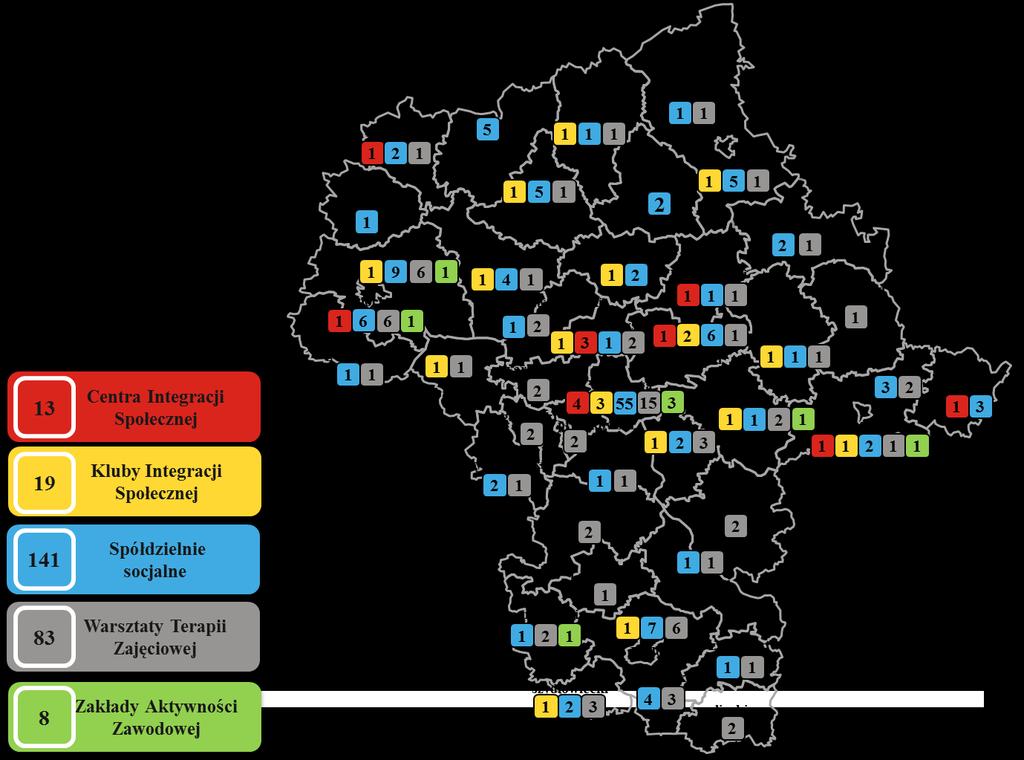 II. Monitoring mazowieckich podmiotów ekonomii społecznej W tym rozdziale przedstawiony został rozkład terytorialny najważniejszych podmiotów ekonomii społecznej zarejestrowanych na terenie