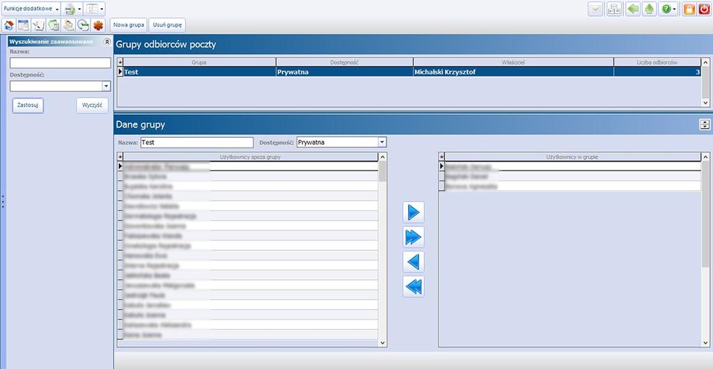 W górnej części znajdują się dwa guziki - Nowa grupa oraz Usuń grupę.