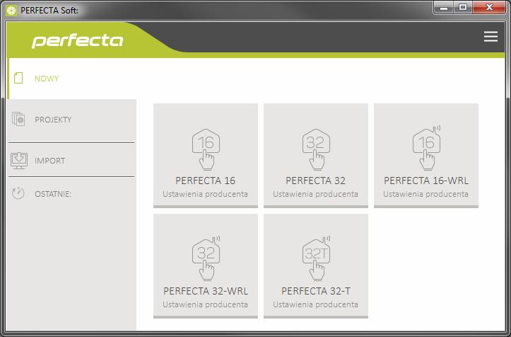 8 PERFECTA SATEL Rys. 1. Okno programu PERFECTA SOFT po pierwszym uruchomieniu programu. 3.1.1 Pasek menu programu PERFECTA SOFT Pasek menu wyświetlany jest w górnej części okna programu.