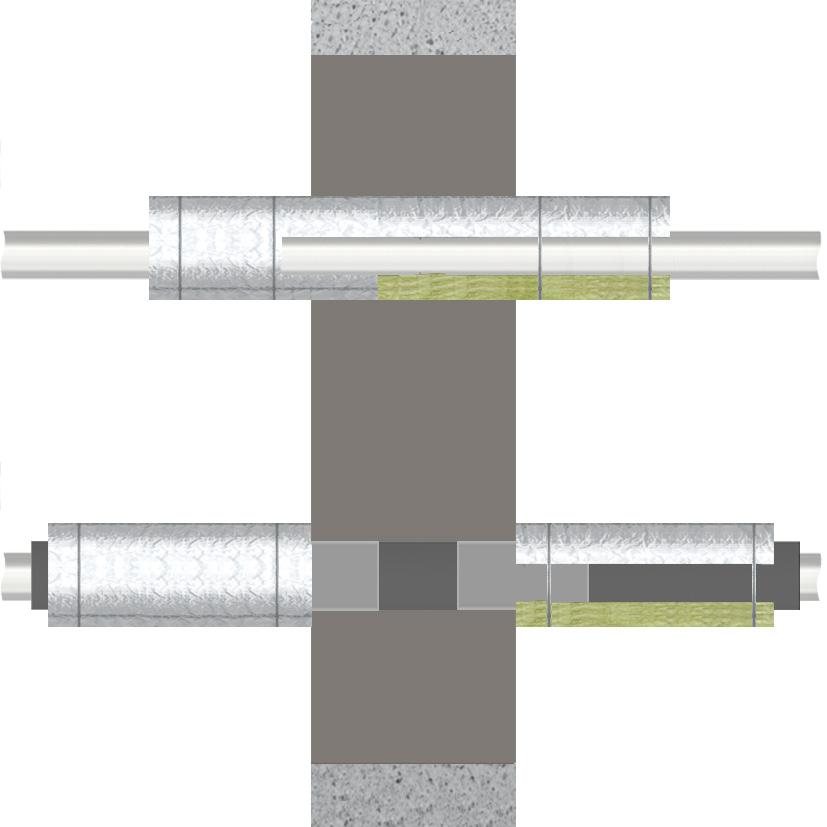 6.5 Rury warstwowe HENCO pipes Wykonanie uszczelnienia w ścianie i stropie Zabezpieczenie stalowym drutem D PE-pianka izolacyjna PYRO-SAFE NOVASIT BM Zaprawa ogniochronna Grubość elementu budowlanego
