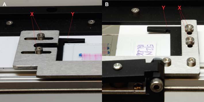 Adjustable fixing mechanism for a long glass slide left (A) and right (B) side: X adjusting screws, Y C-shaped handles 84 Marcin Klisz i inni Adapter