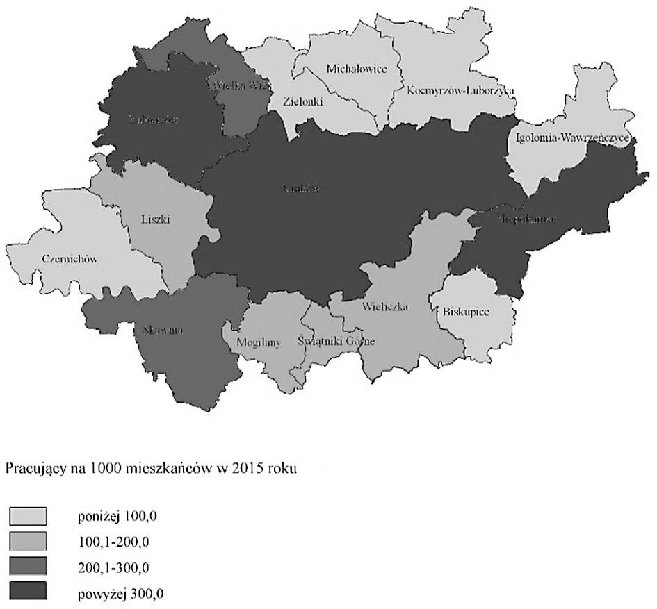 180 M. Musiał-Malago Ryc. 8. Pracujący na 1000 ludności na obszarze KrOF w 2005 roku Fig. 8. Employment per 1000 population in area CFA in year 2005 Ryc.