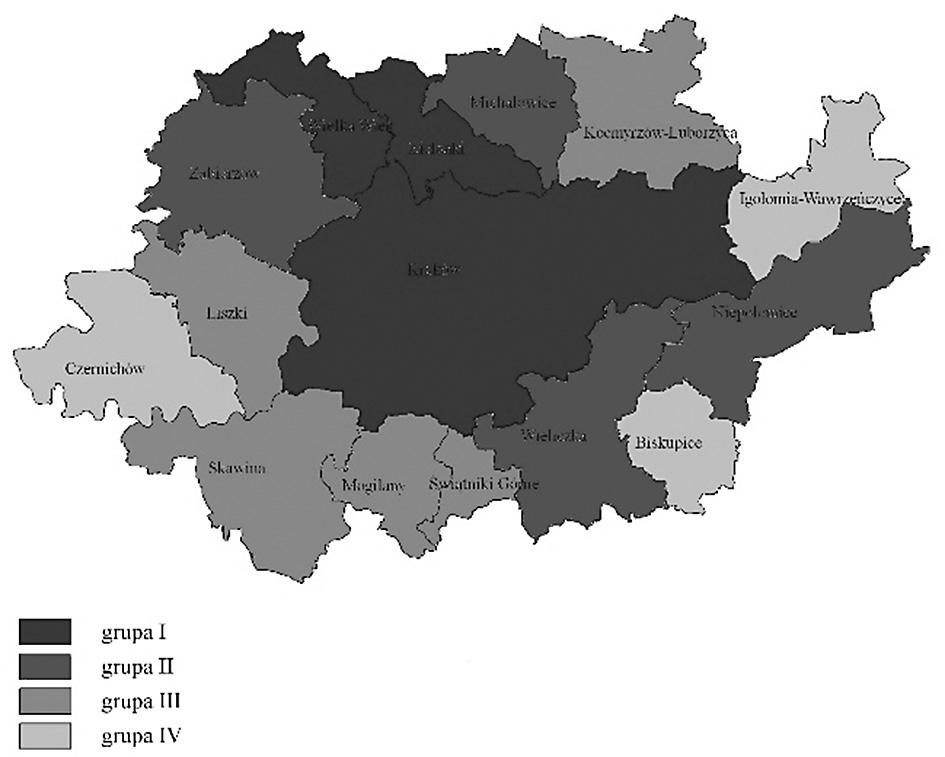 184 M. Musiał-Malago gminy Wieliczka, Niepołomice, Zabierzów i Michałowice. Typ III stanowiło 5 jednostek, tj. gminy Mogilany, Skawina, Świątniki Górne, Liszki i Kocmyrzów-Luborzyca.