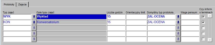 7. Wpisywanie typów zajęć i protokołów przedmiotów.