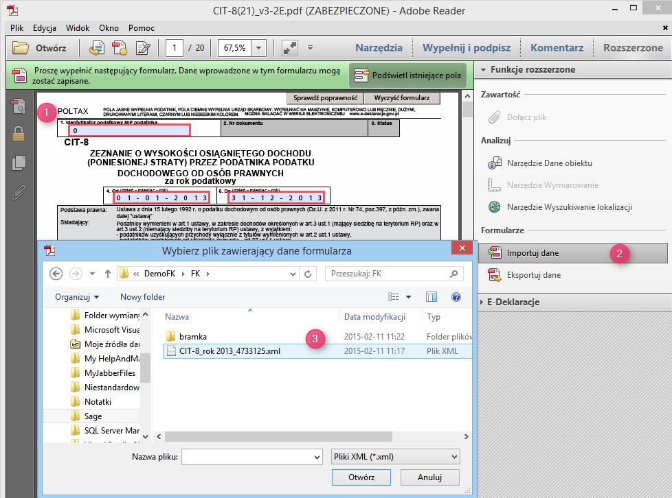 3.3 Import danych z e-deklaracji do interaktywnego formularza Kolejnym etapem jest zaimportowanie danych z e-deklaracji wystawionej w programie Sage Symfonia / Sage Symfonia Start do interaktywnego