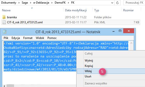 4. Skopiowane dane trzeba wkleić do pliku deklaracji zapisanej w programie Sage Symfonia e-deklaracje. W tym celu należy: a. Przejść do lokalizacji, w której przechowywane są pliki.