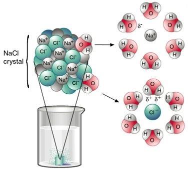 Dysocjacja elektorolityczna dipolowe cząsteczki rozpuszczalnika osłabiają siły elektrostatyczne działające pomiędzy jonami struktura krystaliczna związków jonowych ulega zniszczeniu wokół jonów,