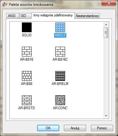 16. Zmień wzór kreskowania na ANSI31 możesz to zrobić wybierając nazwę wzoru z menu rozwijanego Wzór lub klikając w polu Próbka, korzystając z drugiego sposobu pojawi się okno dialogowe Paleta