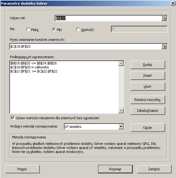 Okno dialogowe Parametry dodatku Solver definiowania