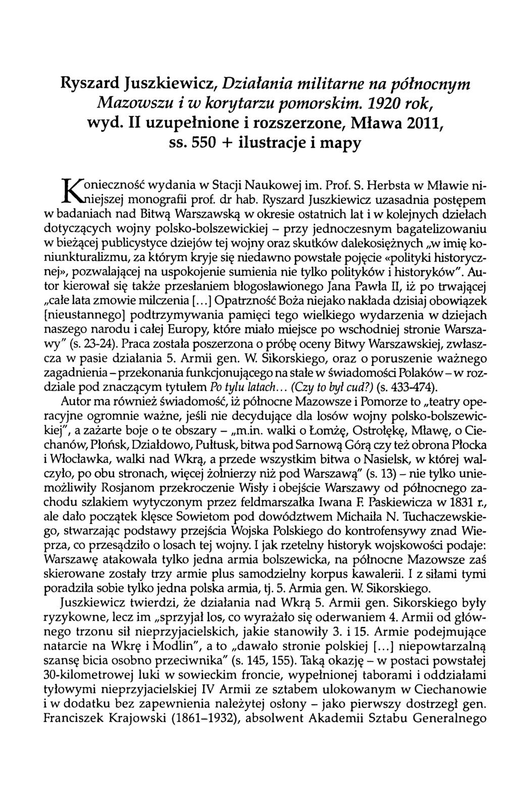 Ryszard Juszkiewicz, D z i a ł a n i a m i l i t a r n e n a p ó ł n o c n y m M a z o w s z u i w k o r y t a r z u p o m o r s k i m. 1 9 2 0 r o k, wyd.