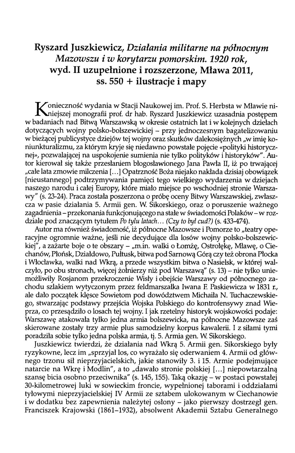 Ryszard Juszkiewicz, D z i a ł a n i a m i l i t a r n e n a p ó ł n o c n y m M a z o w s z u i w k o r y t a r z u p o m o r s k i m. 1 9 2 0 r o k, wyd.