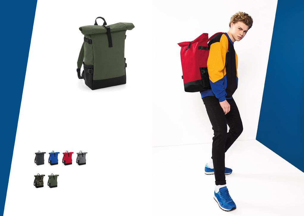 BG858 PLECAK W STYLU COLOUR BLOCK Z ROLOWANYM ZAMKNIĘCIEM Poliester 600D Odczepiana metka TearAway ułatwiająca przemetkowanie Kompatybilny z laptopami do 17" Wyściełana przegroda Łatwo dostępne