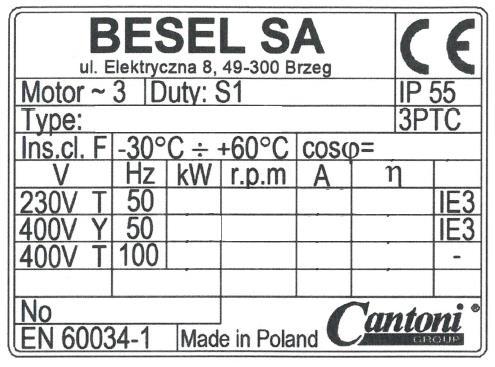 Przy zastosowaniu silników BESEL a) Silniki posiadające tabliczkę: Podłączenie w