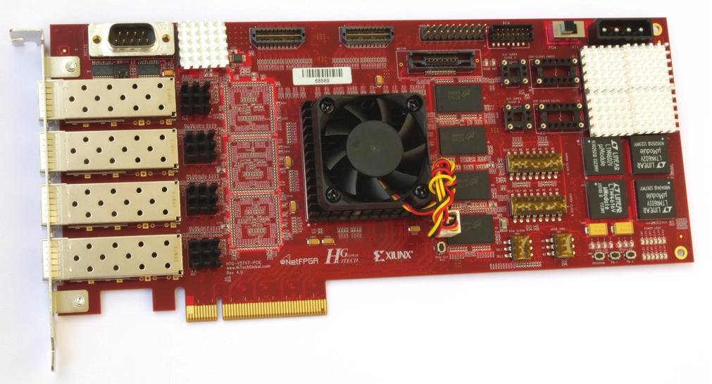 Rysunek. Karta NetFPGA z uniwersalnymi interfejsami sieciowymi SFP+ o przepustowości Gbps nad kartą z interfejsami o przepustowościach Gbps oraz Gbps [], będzie ona dostępna od grudnia 4 [].