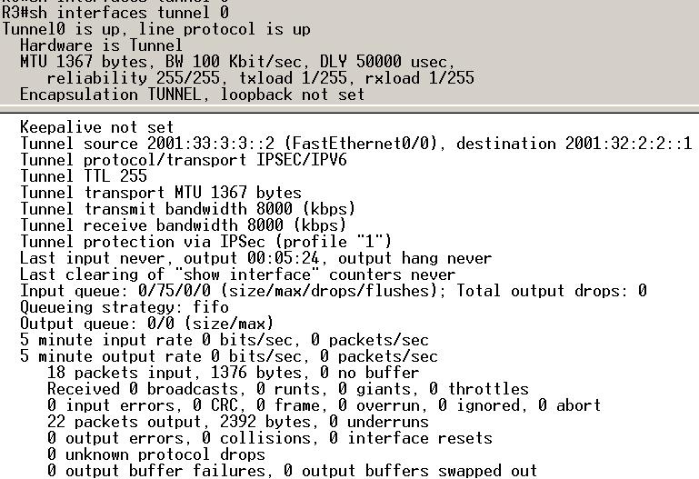 Zrzut ekranu polecenia show interface tunnel 0 dla routera R1 Zrzut ekranu polecenia show crypto isakmp sa dla routera R1 Zrzut ekranu